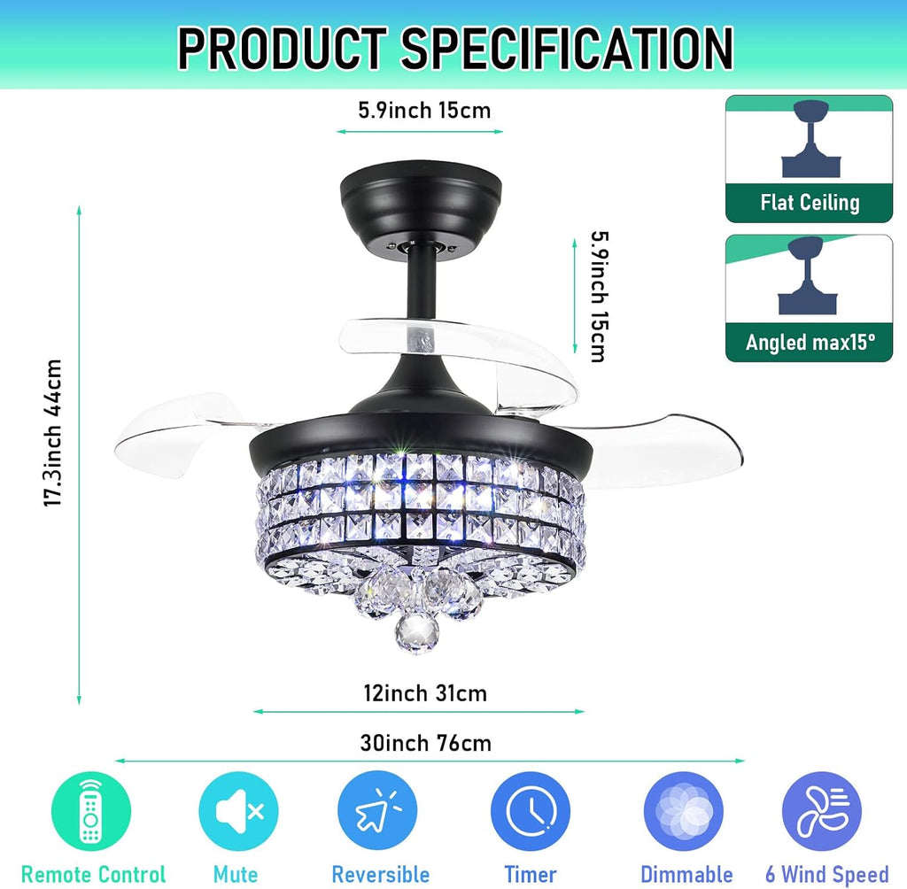 30" Black Crystal Retractable Ceiling Fan with Light