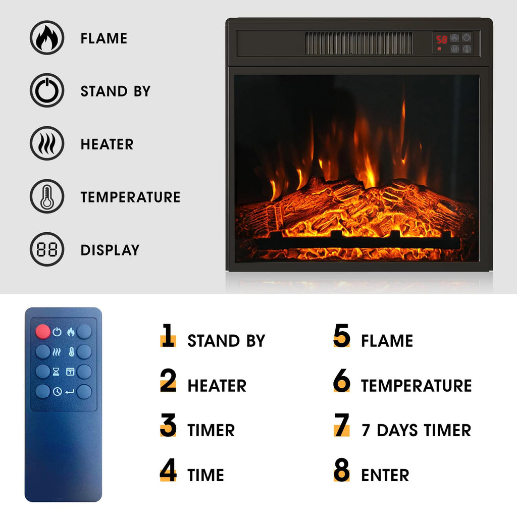 18" Electric Fireplace Insert, Recessed Fireplace Heater with Low Noise, Remote Control with Timer, Touch Screen