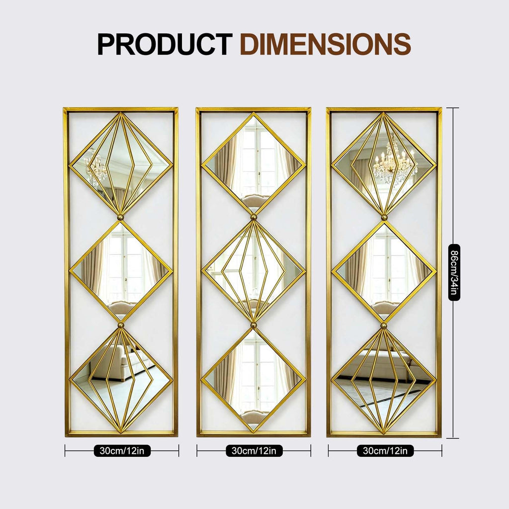 Set of 3 Gold Wall Mirrors, Large Geometric Decorative Mirrors with Metal Frames, Diamond Pattern Wall Mirror Decor