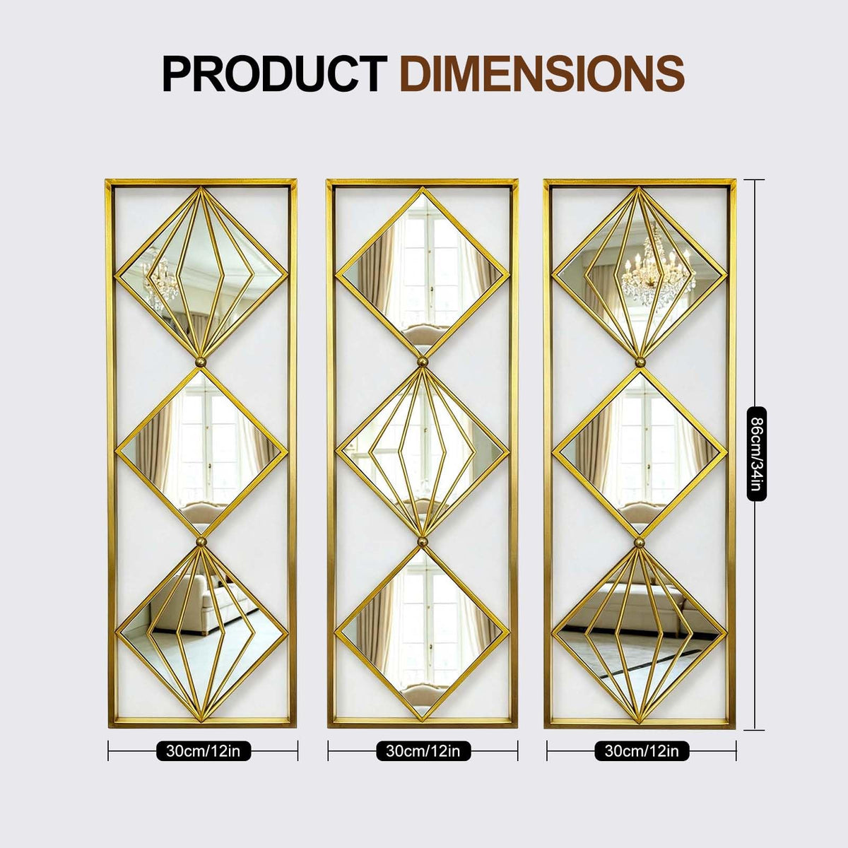 Set of 3 Gold Wall Mirrors, Large Geometric Decorative Mirrors with Metal Frames, Diamond Pattern Wall Mirror Decor
