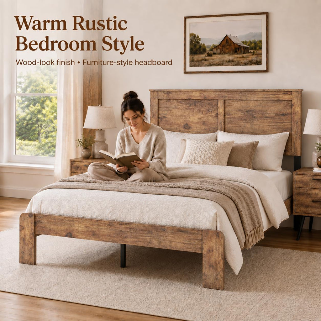 Rustic Wood Bed Frame with Headboard
