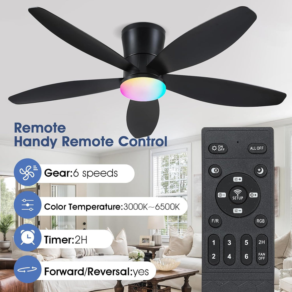 Indoor/Outdoor Flush Mount Ceiling Fan with Light & Remote