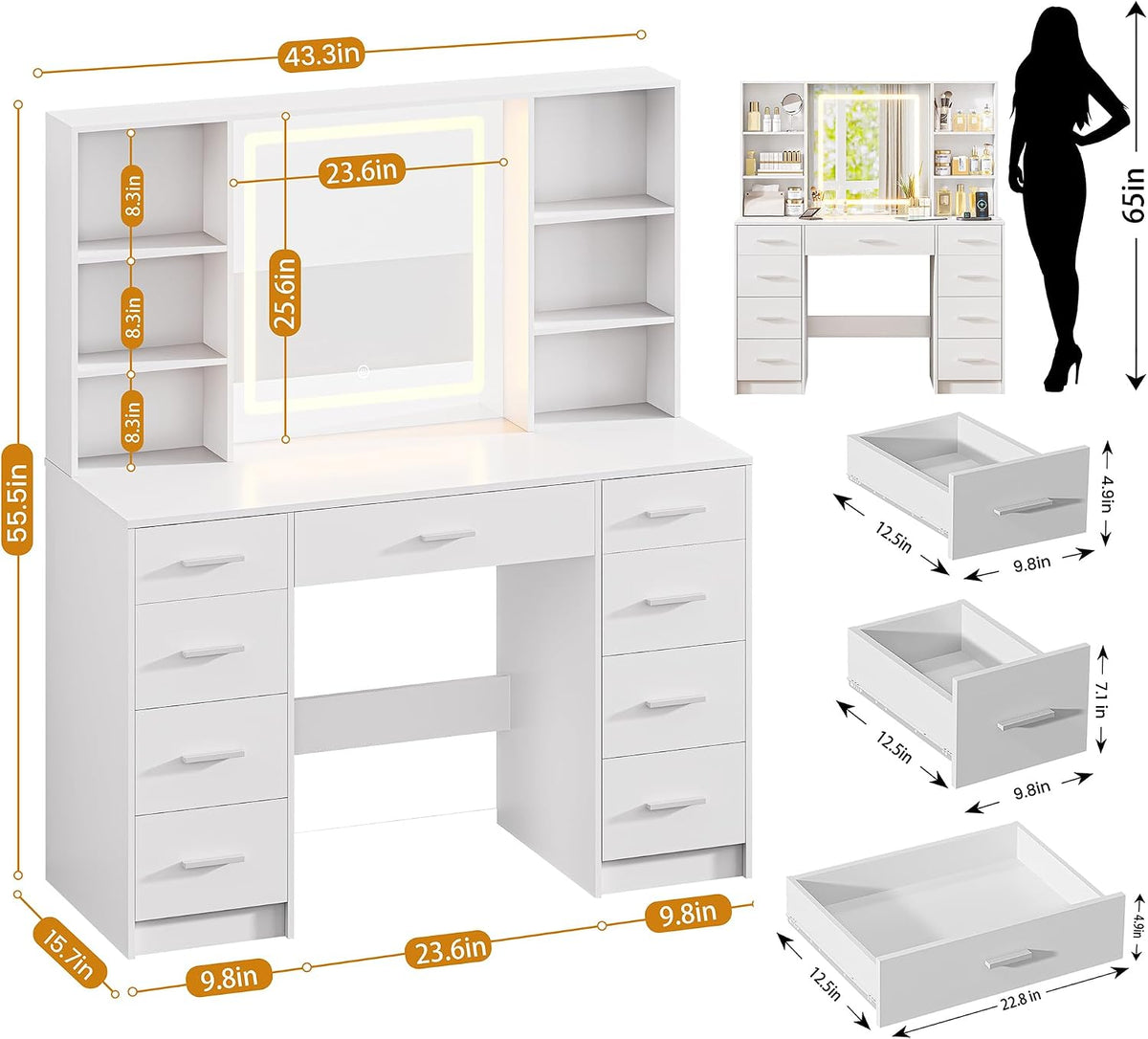 Vanity Desk with Mirror and Lights, Makeup Vanity Desk with 9 Drawers & 6 Shelves, Make up Vanity, Dressing Table