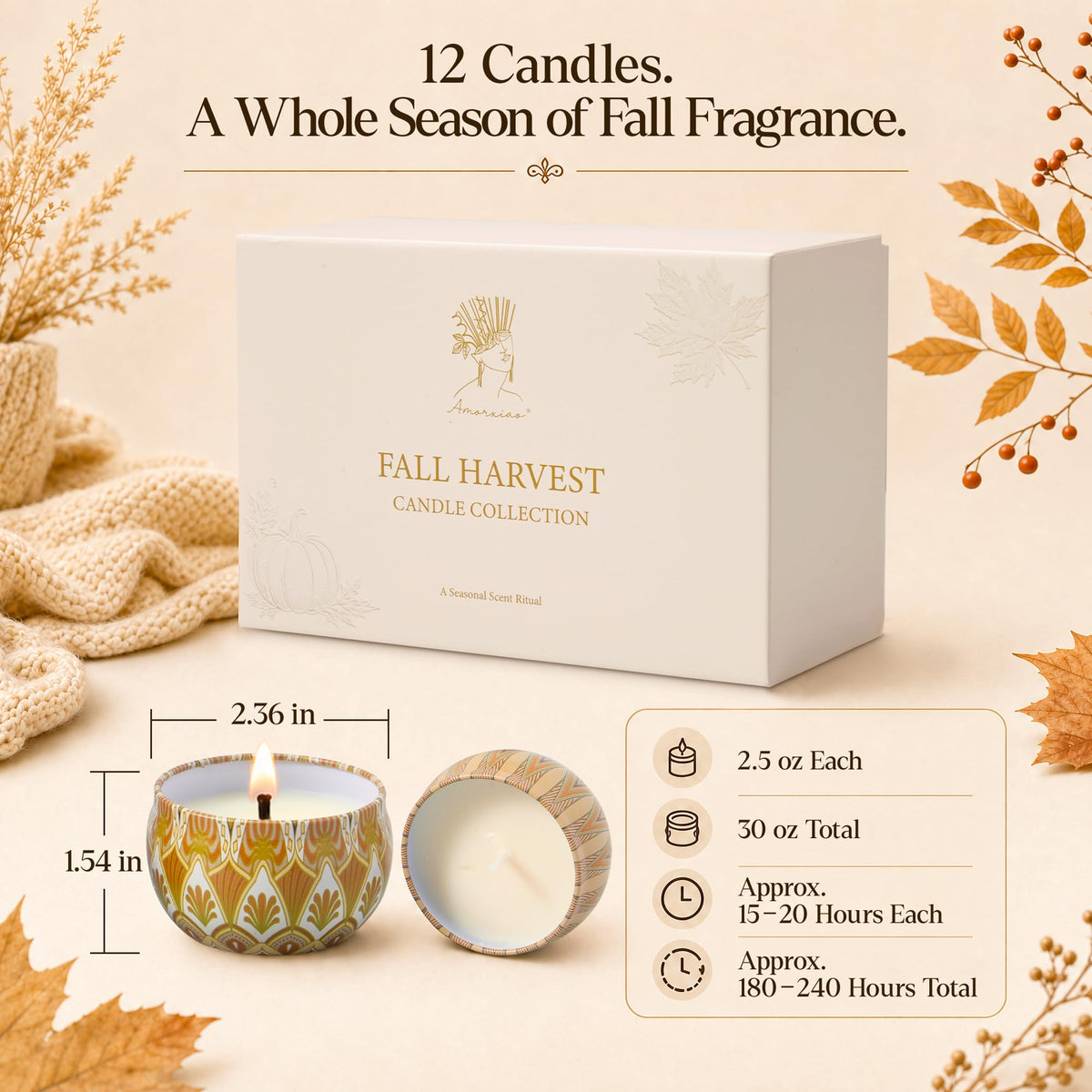 Fall Scented Candles Gift Set, 12 Pack Soy Candles, 2.5 oz Each