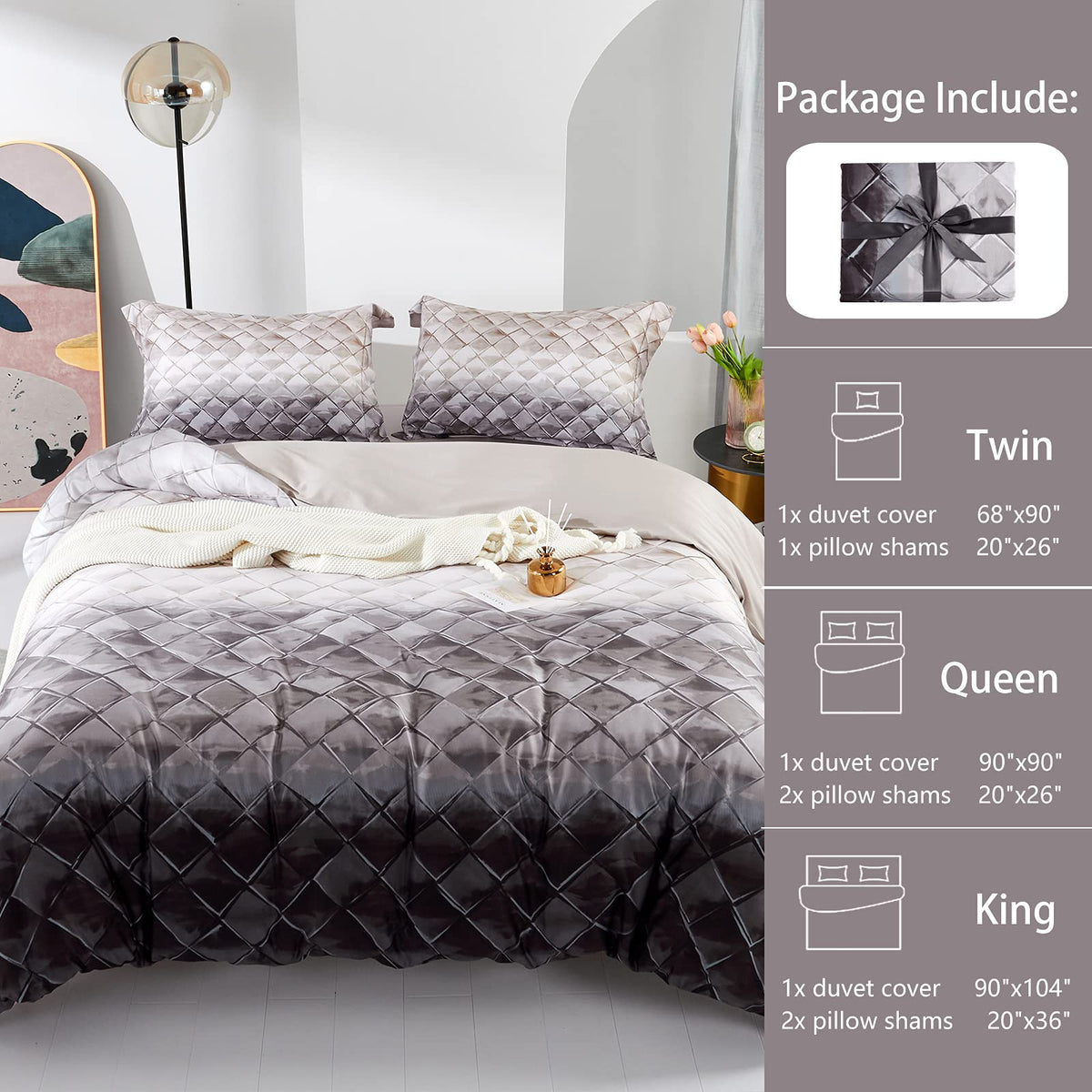 100% Egyptian Cotton Duvet Cover King, Gray Beige Geometric Pattern Comforter Cover Set Modern Abstract
