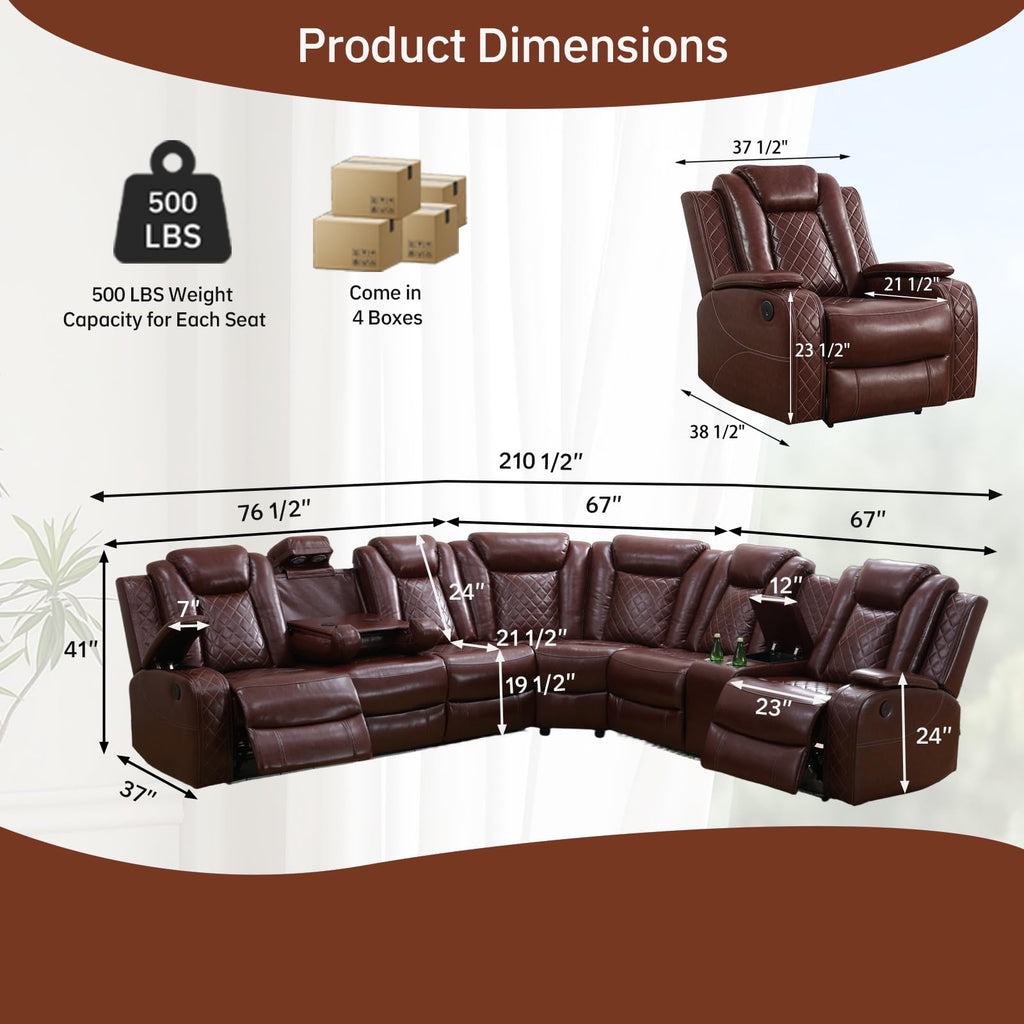Power Recliner Sofa Set, Living Room Furniture Sets, Leather Sectional Sofa Set with Reclining Chair, LED Lights, Cup