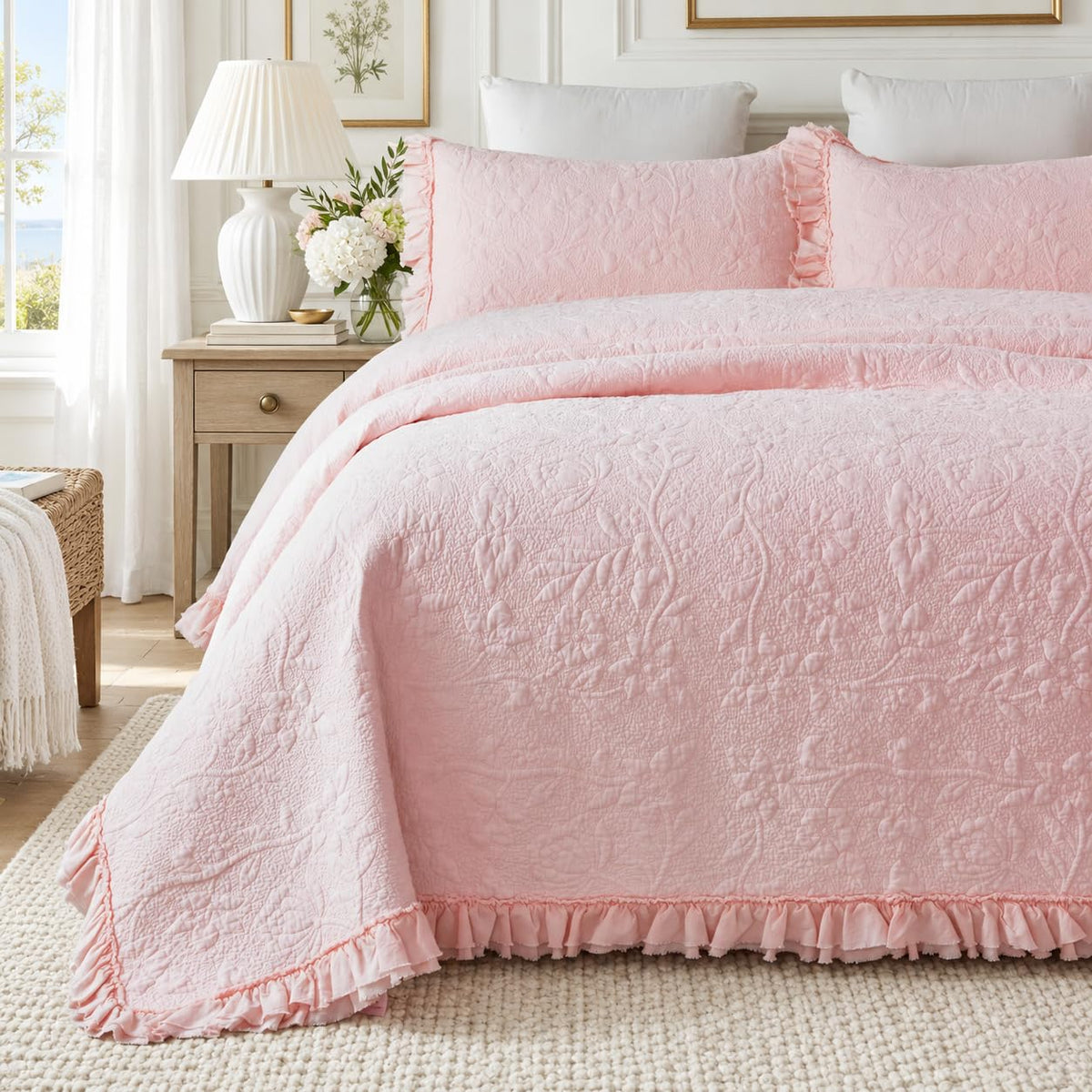 Pink Cotton Quilt Set Ruffled Matelasse Coverlet 3PC