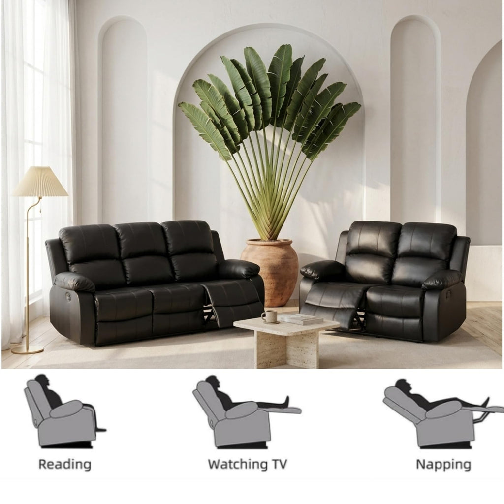Manual Leather Reclining Couch Set, 1 Loveseat, 3 Seat Sofa, Black