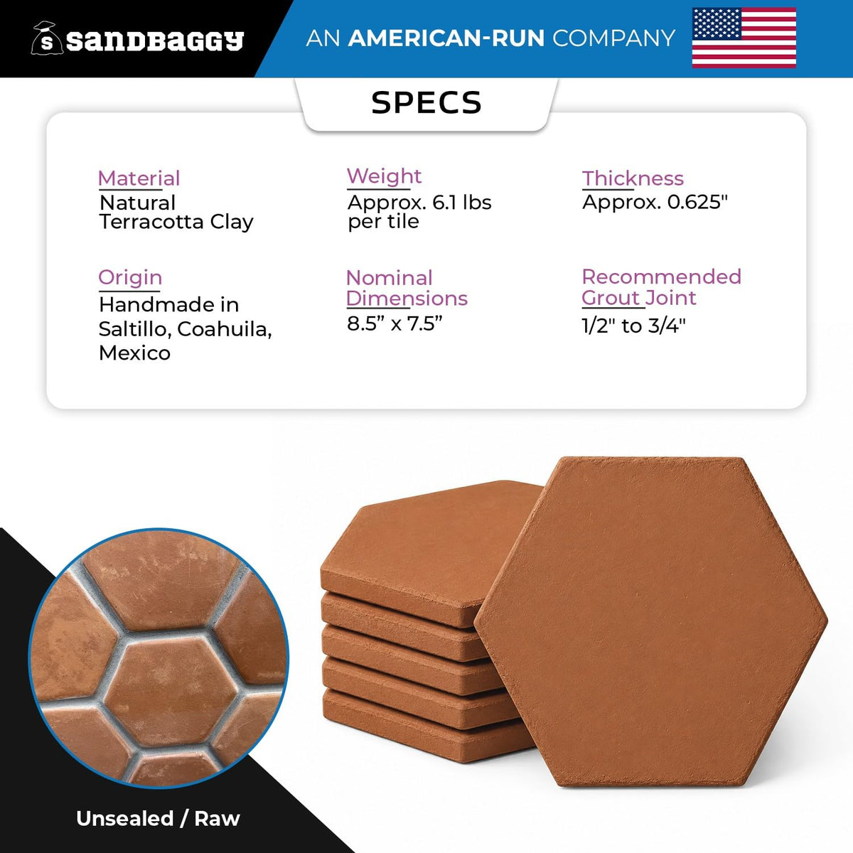 Lincoln Hexagon Saltillo Tile 8.5" x 7.5" | Unsealed Handmade Mexican Tile - (20, 8.5" x 7.5" Hexagon Saltillo)