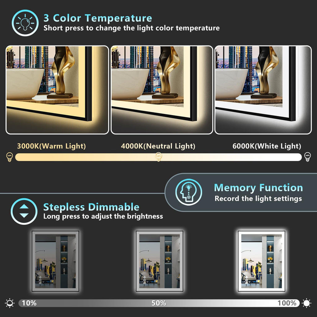 32x36 Black LED Bathroom Mirror, Backlit & Front Lit Lighted Mirror