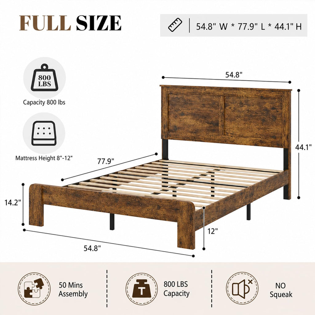 Bed Frame with Headboard, Farmhouse Wooden Bed Frame, Brown