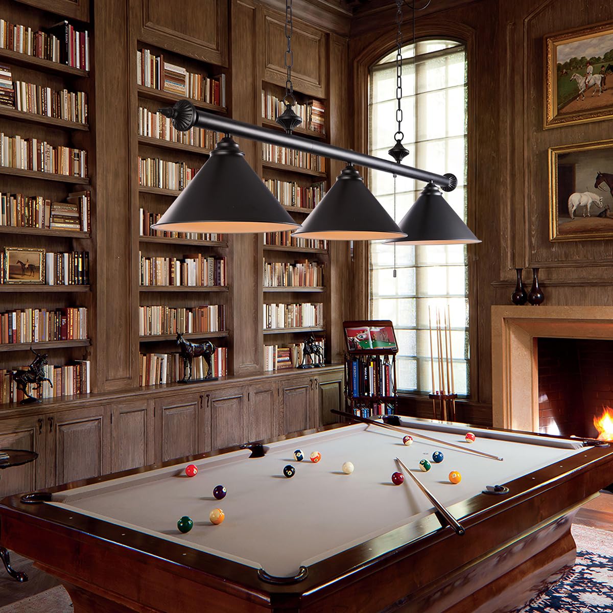 59in Billiard Pool Table Light with Pull Chain Switch on Pendant Light Fixture 3 Lights with Matte Black Shade