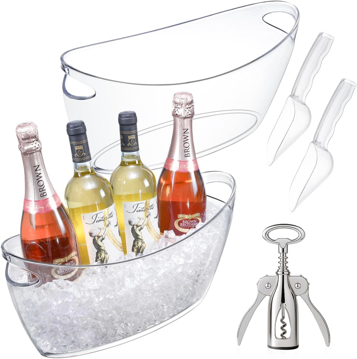 Ice Bucket for Parties, Clear Acrylic Drink Buckets with Scoop & Metal Wine Bottle Opener, 5.5L Large Champagne - Set of 2