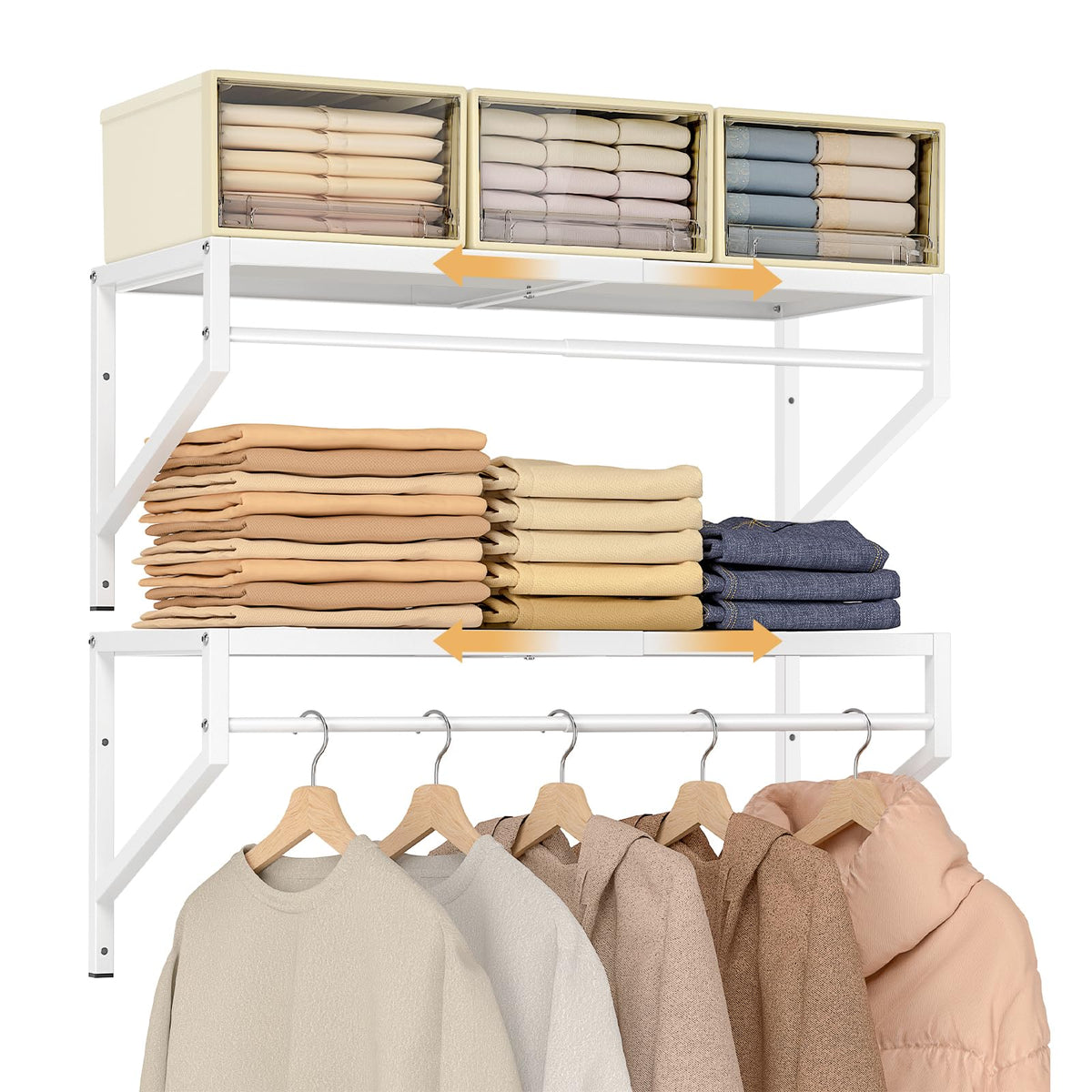 Expandable Closet Shelves Wall Mounted, 2 Pack Closet Shelving with Hanging Rods, Wall Shelving for Walk-in Closet