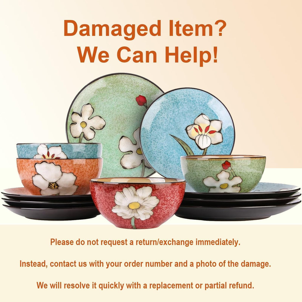 Plates and Bowls Sets,12 Pieces Kiln Changed Glaze Ceramic Dinnerware Set,Dishes Set for 4,Highly Chip and Crack