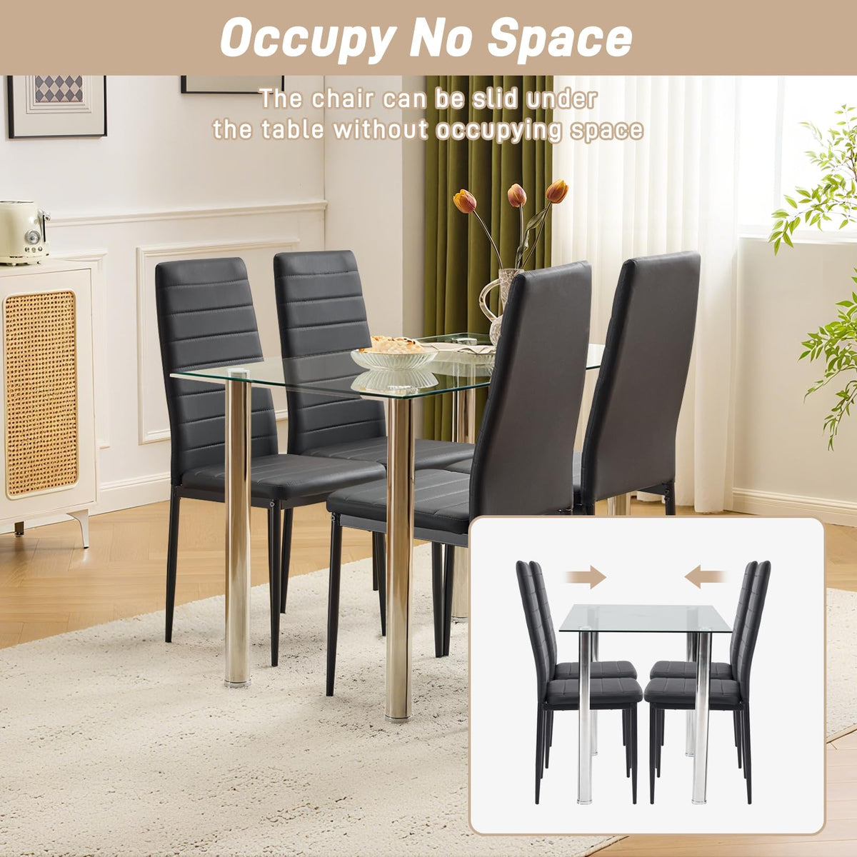 Dining Chairs Set of 4, PU Leather & High Back, Black