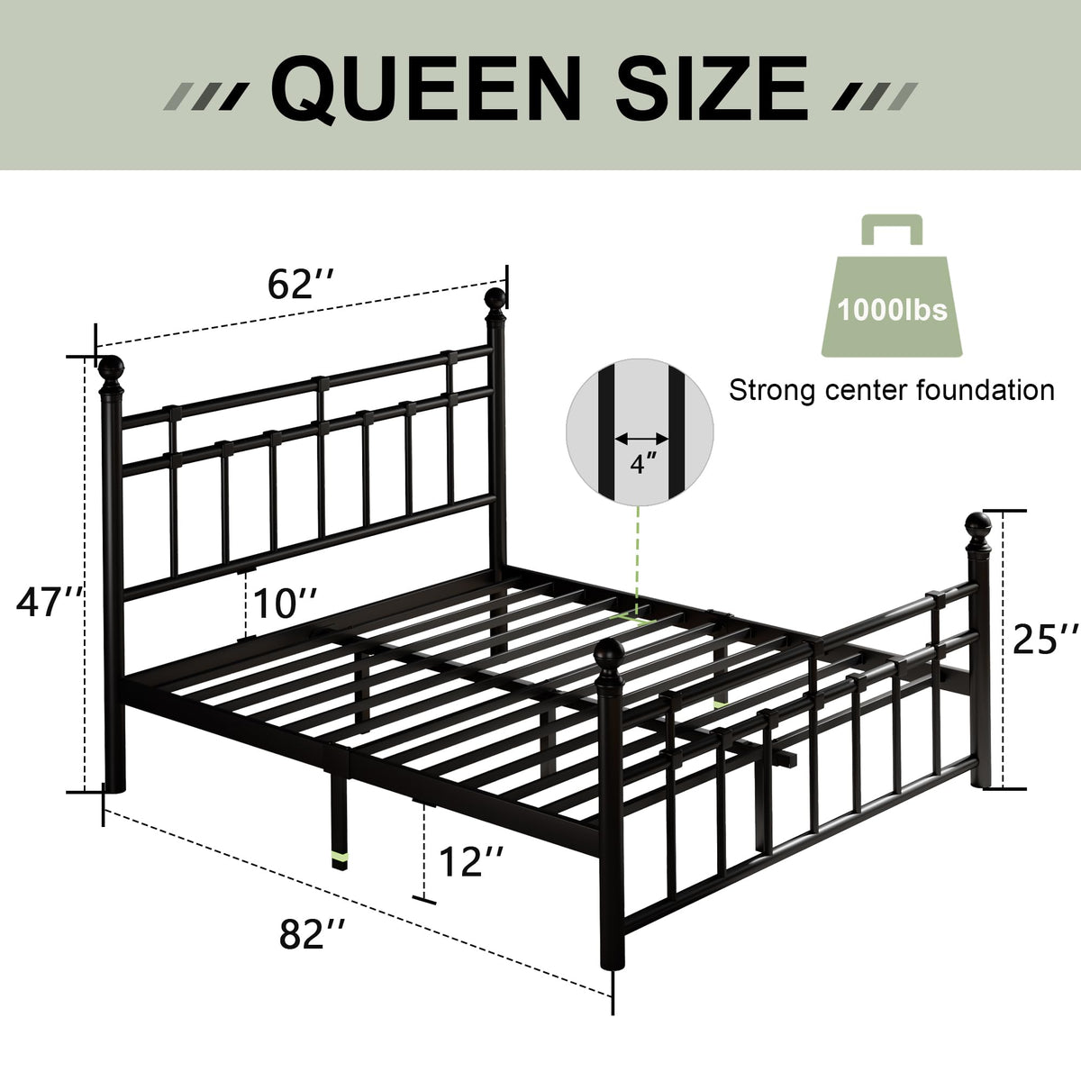 Metal Platform Bed Frame with Victorian Classic Iron-Art Headboard & Footboard, Steel Slats Support, 12" Under