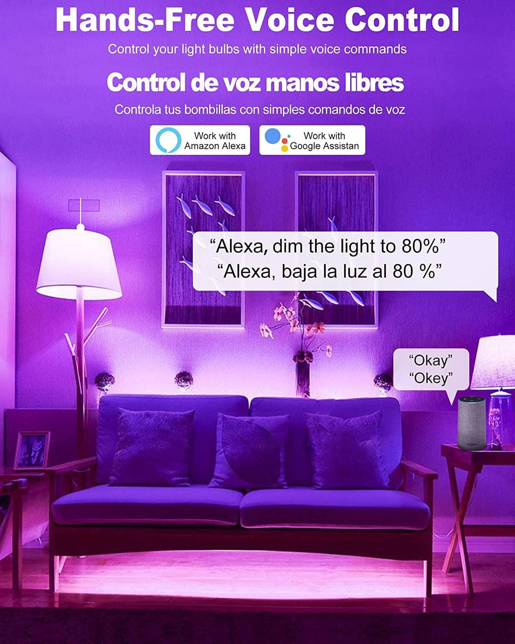 Smart Light Bulbs, Color Changing LED Bulbs for Alexa and Google Assistant, 2.4GHz WiFi and Bluetooth with Music