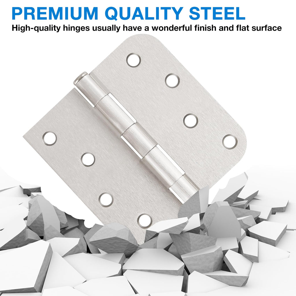 6 Pack Brushed Nickel Door Hinges 4" Square Rounded & 5/8" Radius Corners