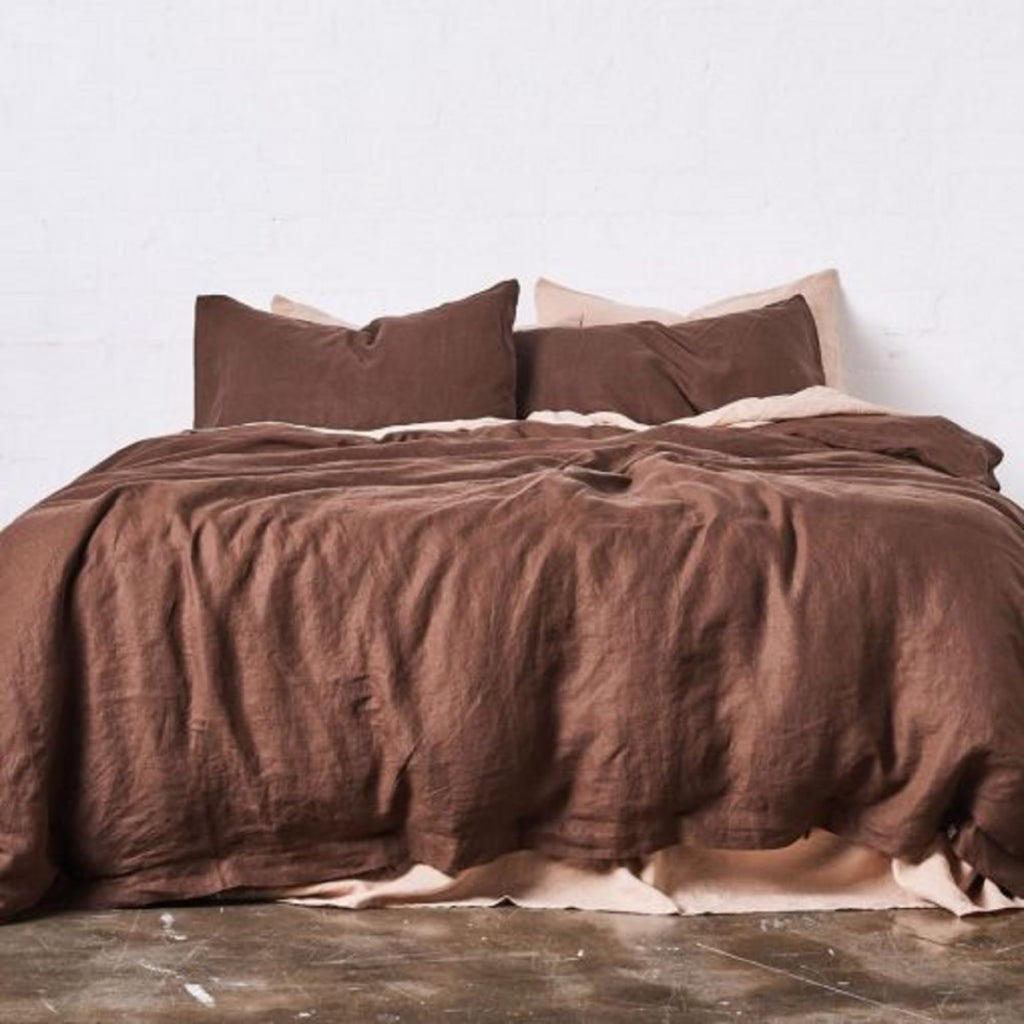 Duvet Cover in Coco Brown Color, Linen Bedding 3 Pieces Set 1 Duvet Cover and 2 Pillowcase, Stonewashed Linen Duvet