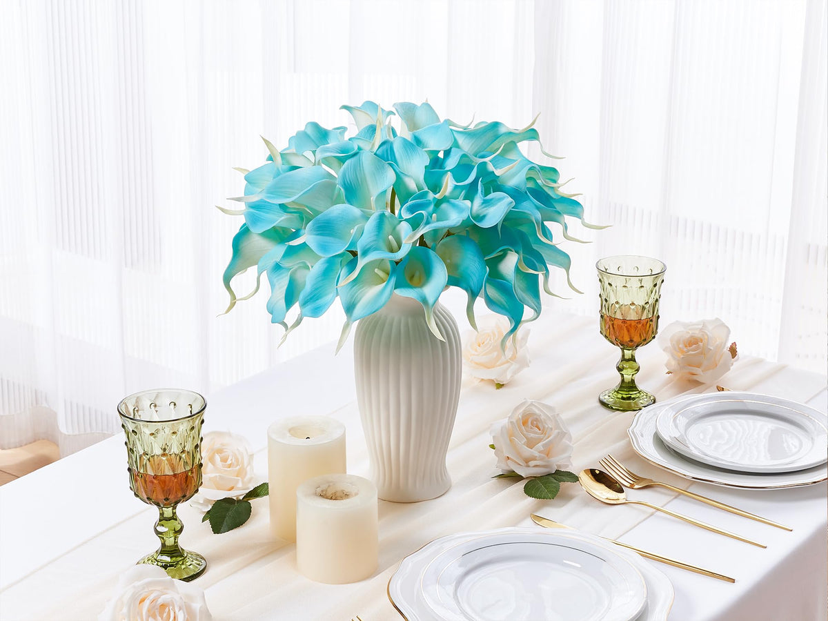 24 Pcs Artificial Calla Lily Peacock Blue Fake Silk Flowers