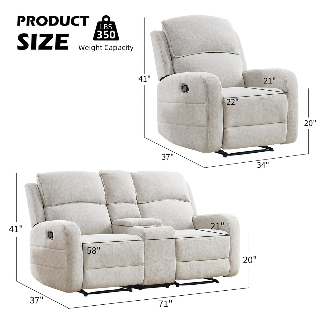 Manual Living Room Furniture Reclining Couch Set, Soft Fabric Recliner Chair and Loveseat Sofa Couch for Meeting