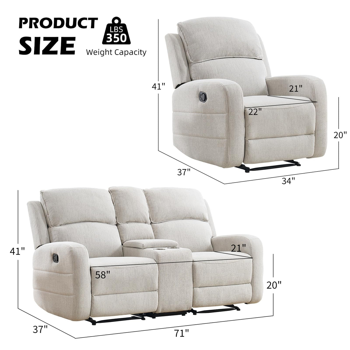 Manual Living Room Furniture Reclining Couch Set, Soft Fabric Recliner Chair and Loveseat Sofa Couch for Meeting