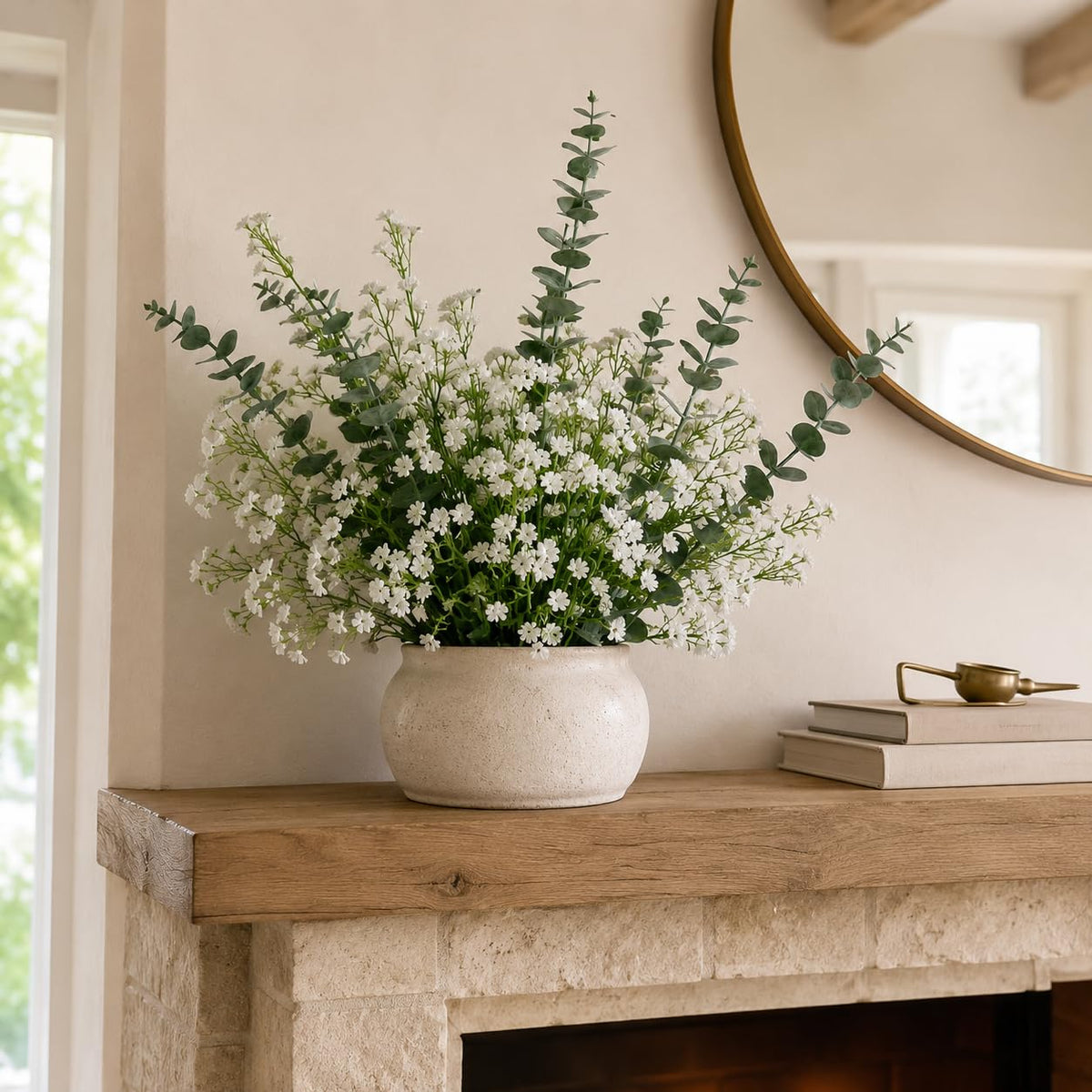 White Babys Breath Artificial Flowers with Fake Eucalyptus Leaves, 18Pcs