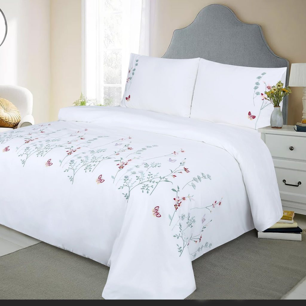 Floral Duvet Cover Set Embroidered Pink Spring Flower White Cotton