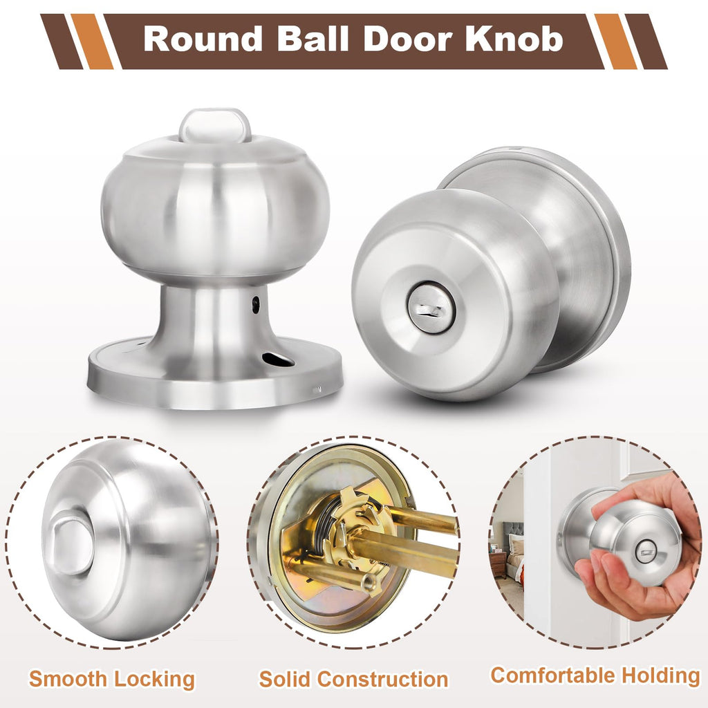 5 Pack Door Knobs Brushed Nickel Interior Keyless Door Lock Privacy Door Handle, Round Ball Silver Knobs Bedroom