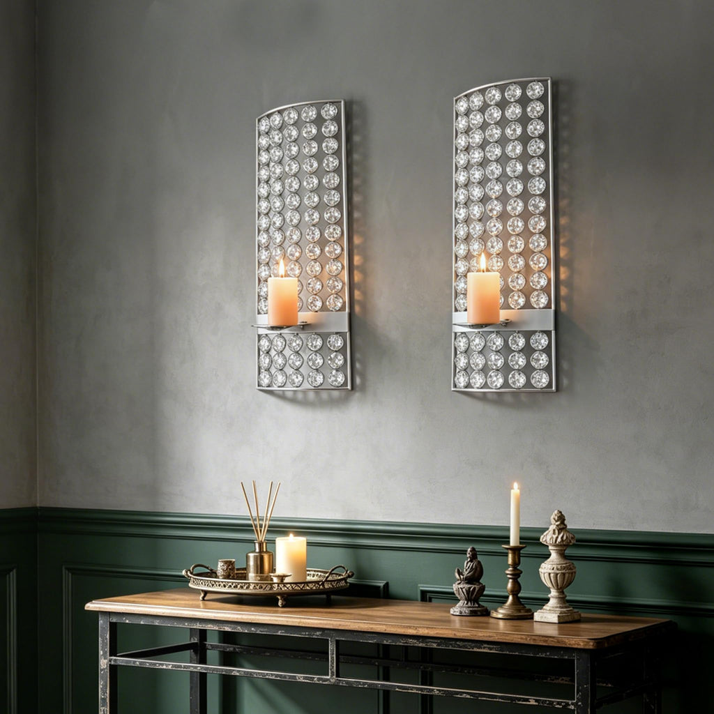 2 Set Glam Wall Candle Sconces Decor Living Room Bedroom Dining Room Metal Bling Crystal Candle Wall Sconce