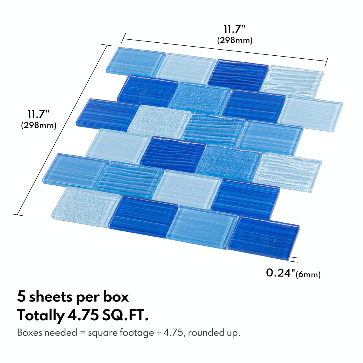 Mixed Blue Glass Subway Mosaic Tiles, Pool Tiles, 12 x12 Inch