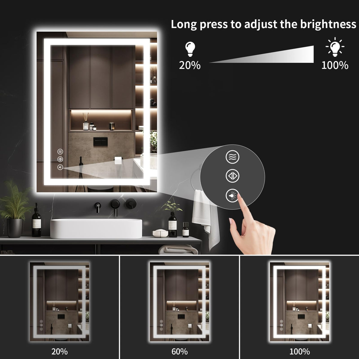 24"x36" LED Bathroom Mirror with Lights, Dimmable, Anti-Fog, Lighted Bathroom Vanity Mirror for Wall, Backlit + Front