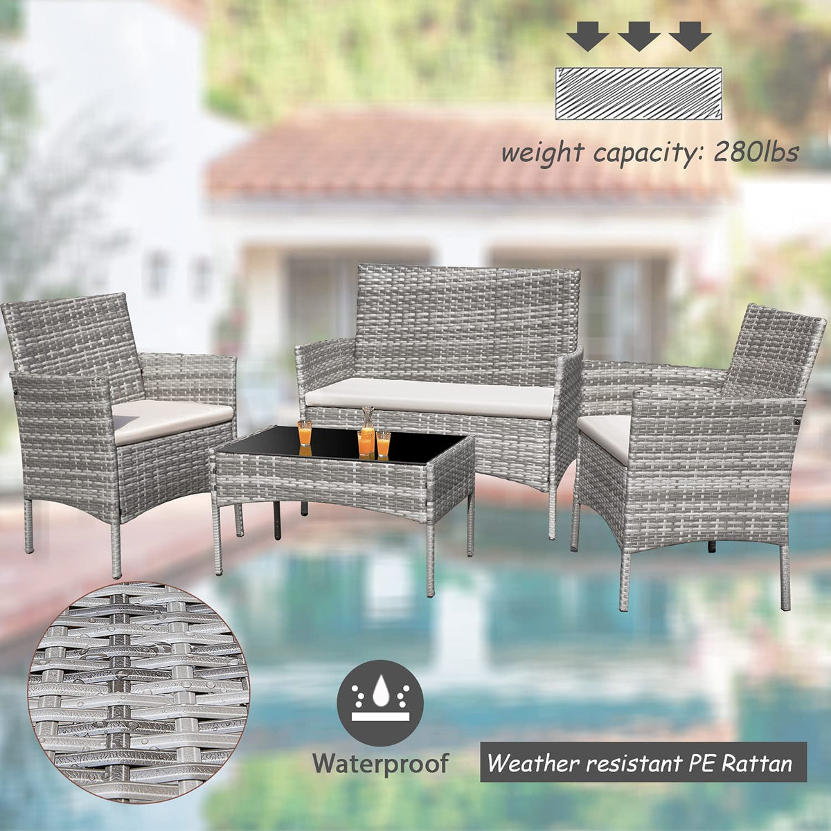 4 Pieces Outdoor Patio Furniture Sets Rattan Chair Wicker Set, Outdoor Indoor Use Backyard Porch Garden Poolside