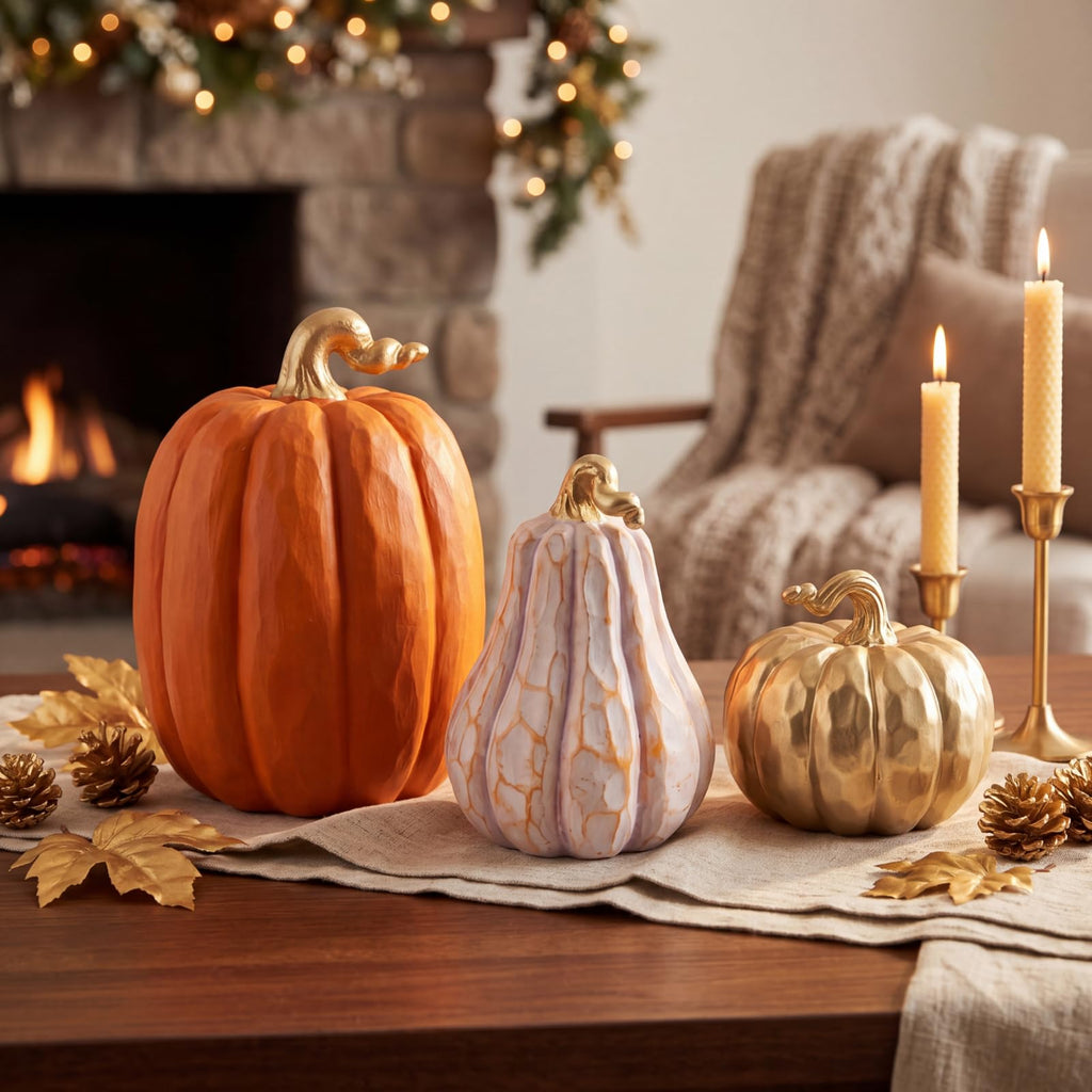 3 Pack Fall Pumpkin Decor White and Gold Resin Pumpkin Statues