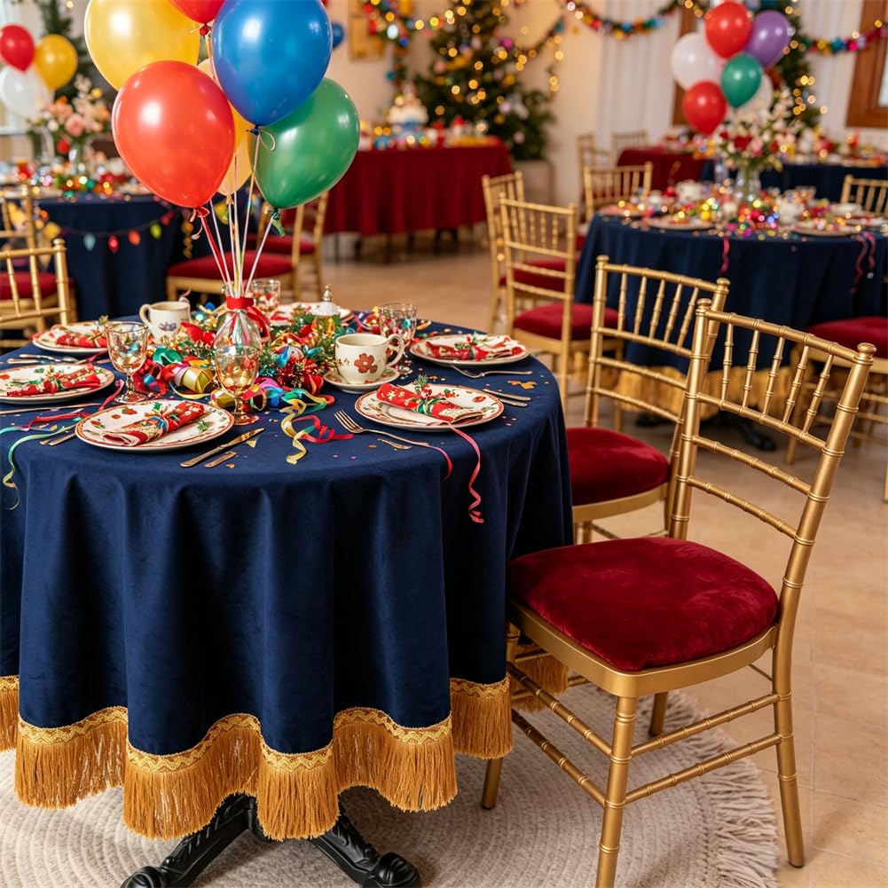 70 Inch Round Velvet Tablecloth, Navy Blue Decorative Table Cover with Gold Tassel Trim, Heavy Soft Plush Fabric