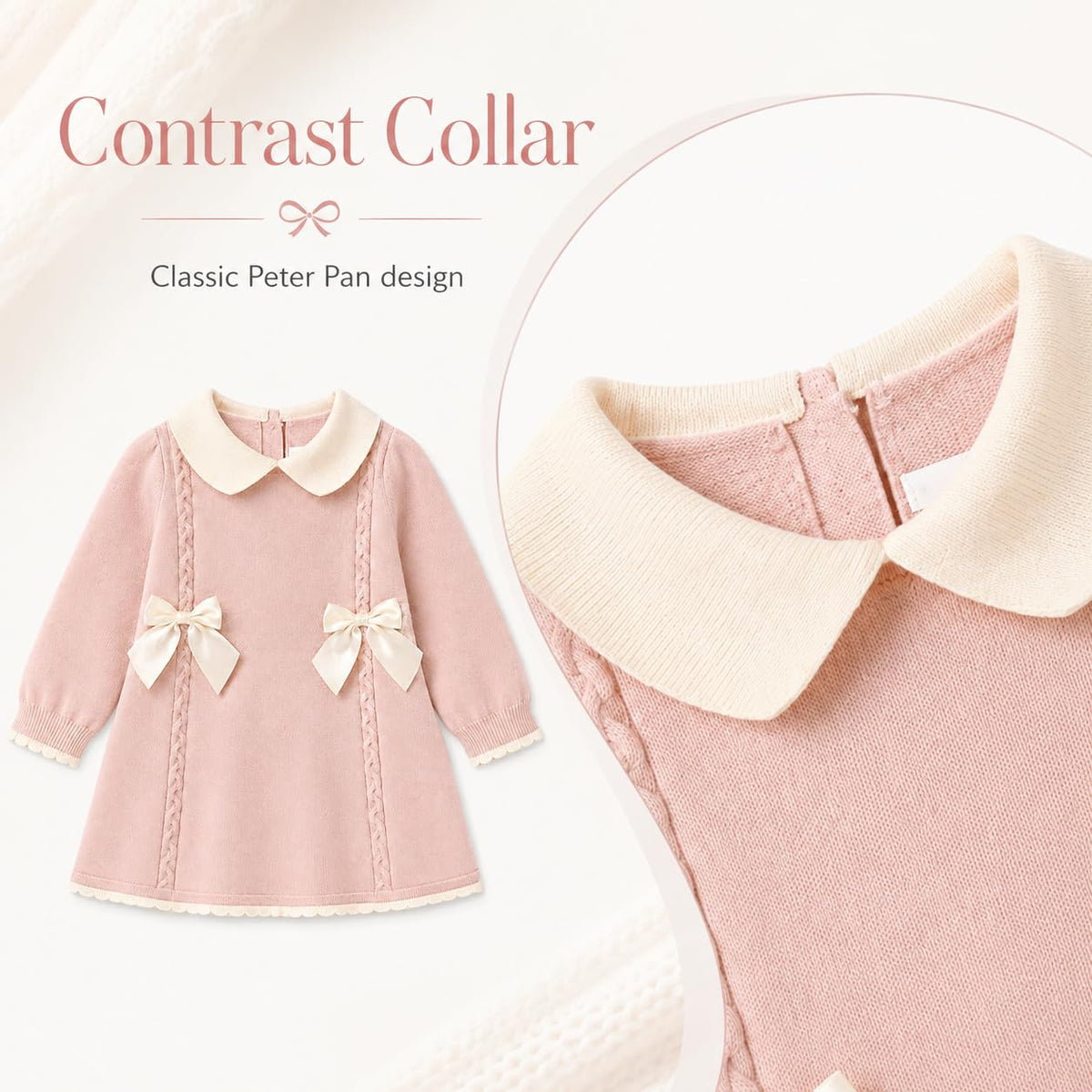 Baby Girls Knitted Sweater Dress with Peter Pan Collar & Bow (US, Age, Pink-White)