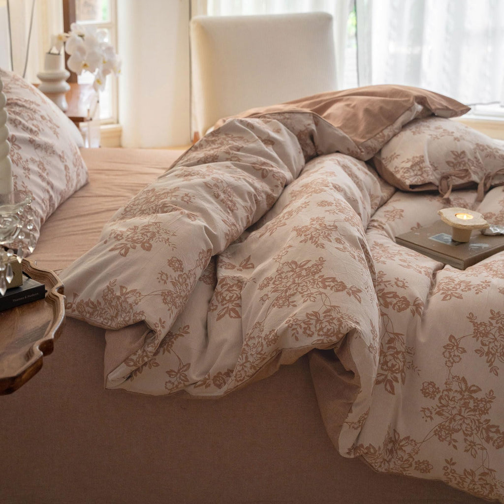 Chic Floral Duvet Cover Queen, Yarn-Dyed Cotton Jacquard Textured Duvet Cover with Bowknot Retro Monet Style Bedding