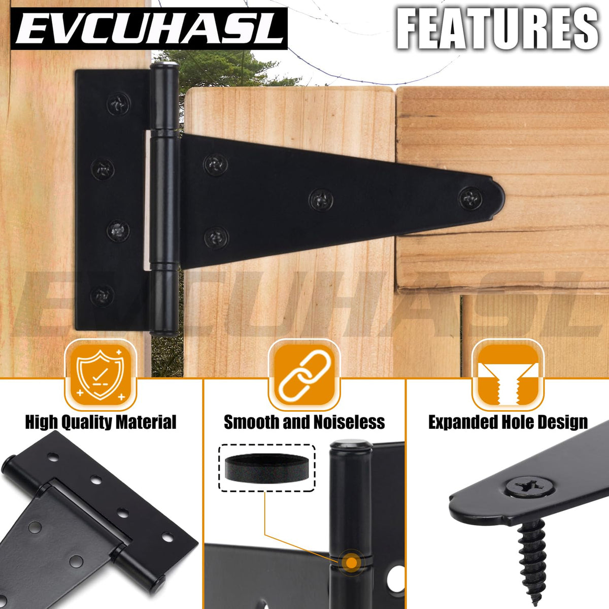 8 Inch T-Strap Gate Hinges, Shed Barn Door Hinges Heavy Duty, Black Tee Hinges for Wooden Fences, Yard Gate, Wrought