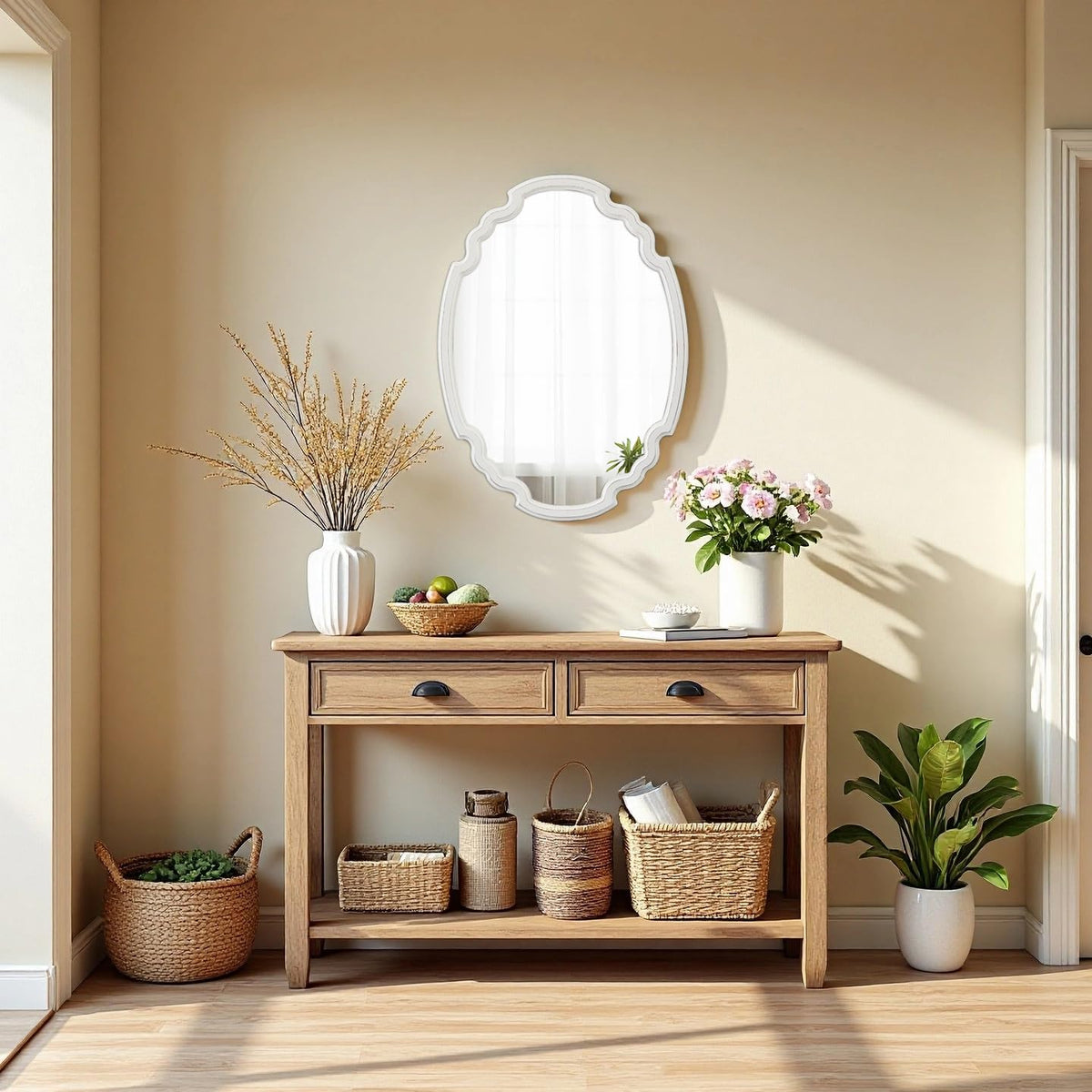 Rustic Oval Mirror 22 X 30 Inch, Distressed White, Wood Framed