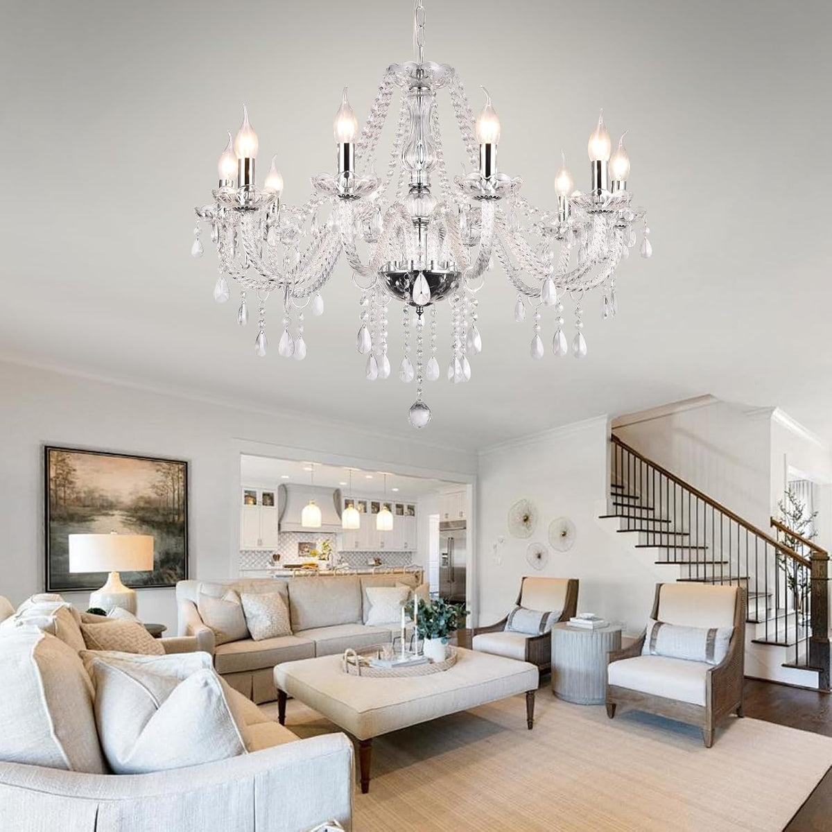 Ten-Light Modern K9 Crystal Glass Chandelier with Cascading Pendants