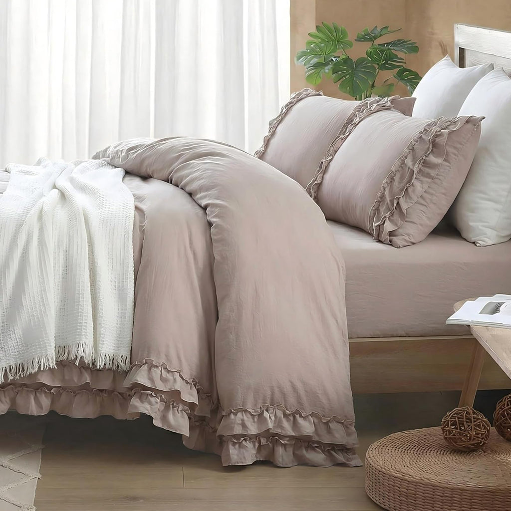 Taupe King Comforter Shabby Chic Ruffled Bedding Set Taupe Ruffle Fringe Farmhouse Bedding Super Soft Fluffy Boho