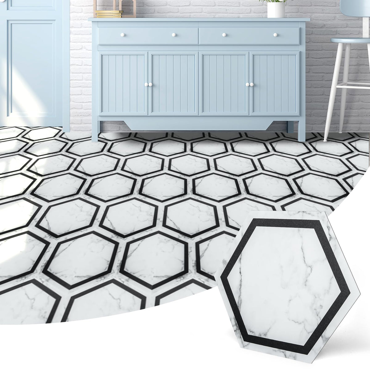 30-Pack Hexagon Peel and Stick Vinyl Floor Tiles, White Marble