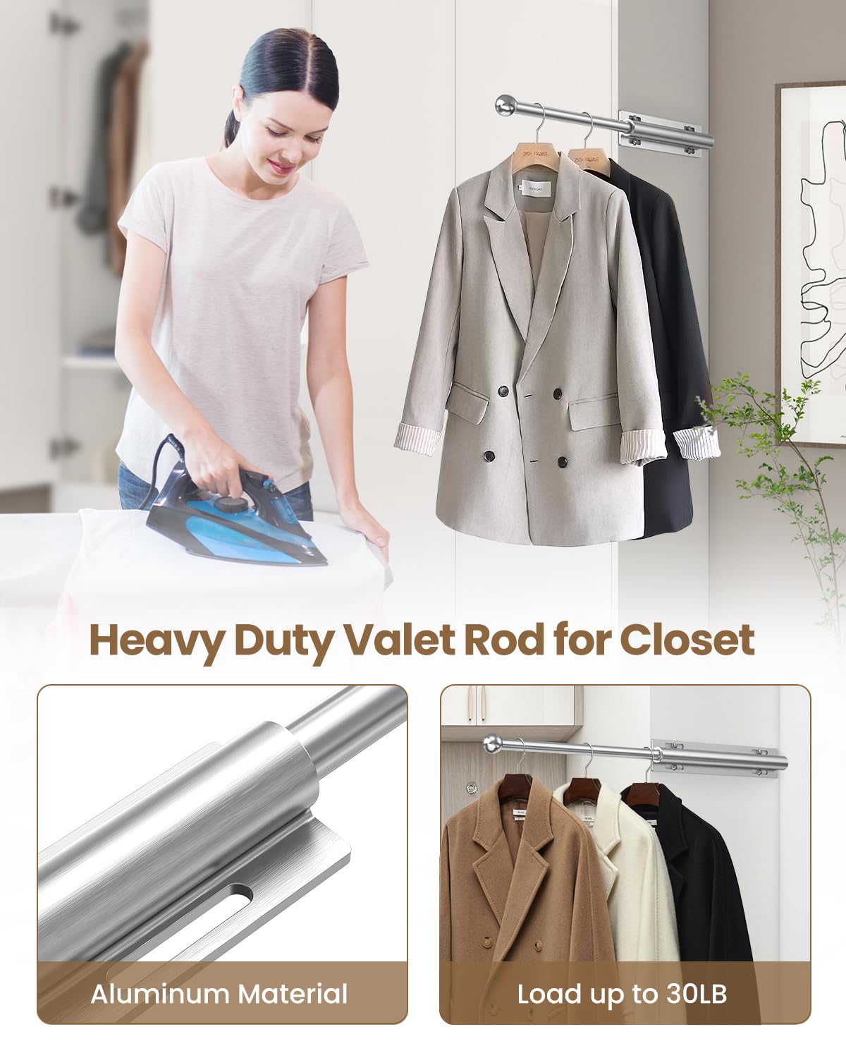 12" Valet Rod for Closet Pull Out, 2-Pack, White