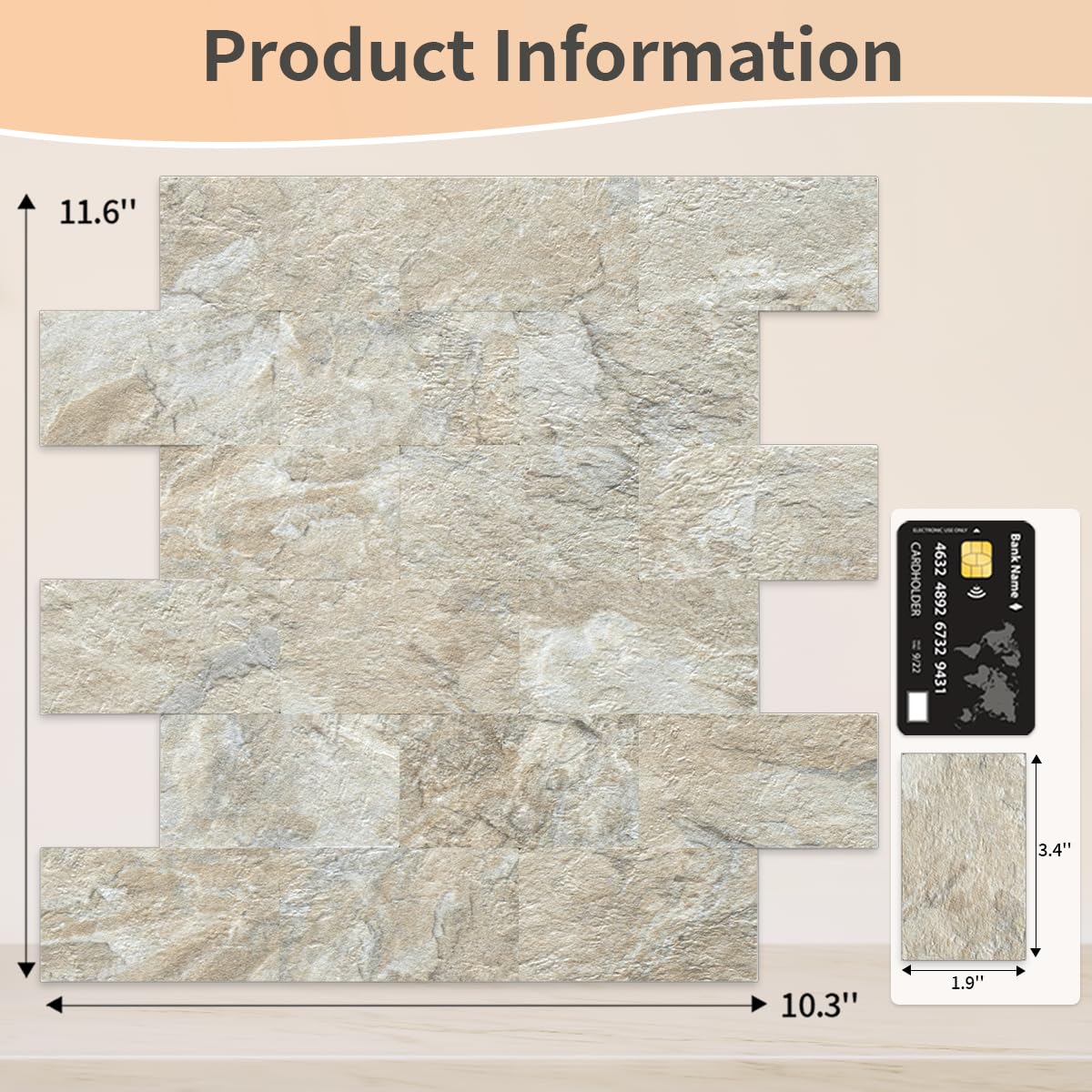 10 Sheets Sandstone Peel and Stick Backsplash Wall Tiles, 12"x12" Thick PVC Subway Tile Backsplash
