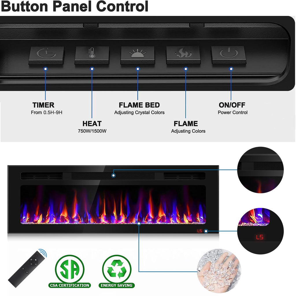50 Inch Electric Fireplace Recessed and Wall Mounted, Fireplace Heater and Linear Fireplace, Ultra-Thin Electric