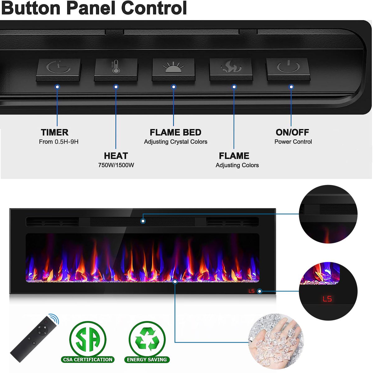 50 Inch Electric Fireplace Recessed and Wall Mounted, Fireplace Heater and Linear Fireplace, Ultra-Thin Electric