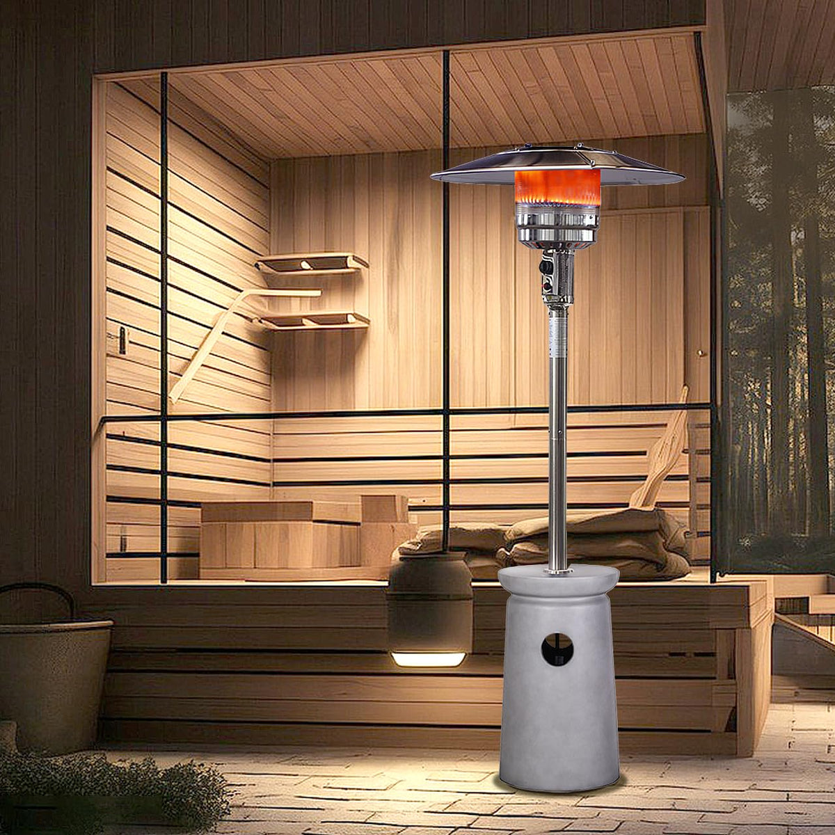48, 000 BTU Outdoor Patio Heater, Terrafab Material Base w Internal Gas Tank, Light Gray