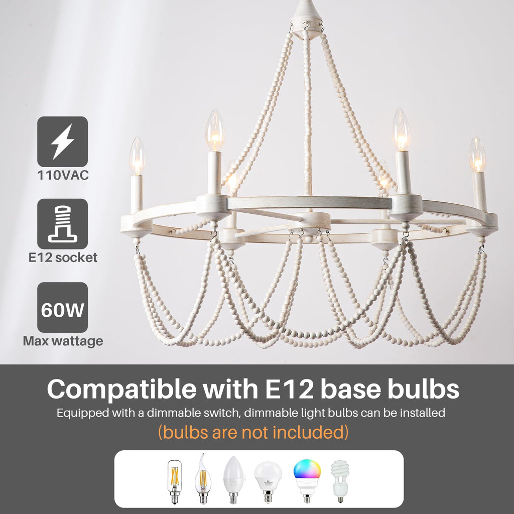 28 Inch White Beaded Chandelier Light Fixture Boho Farmhouse Style