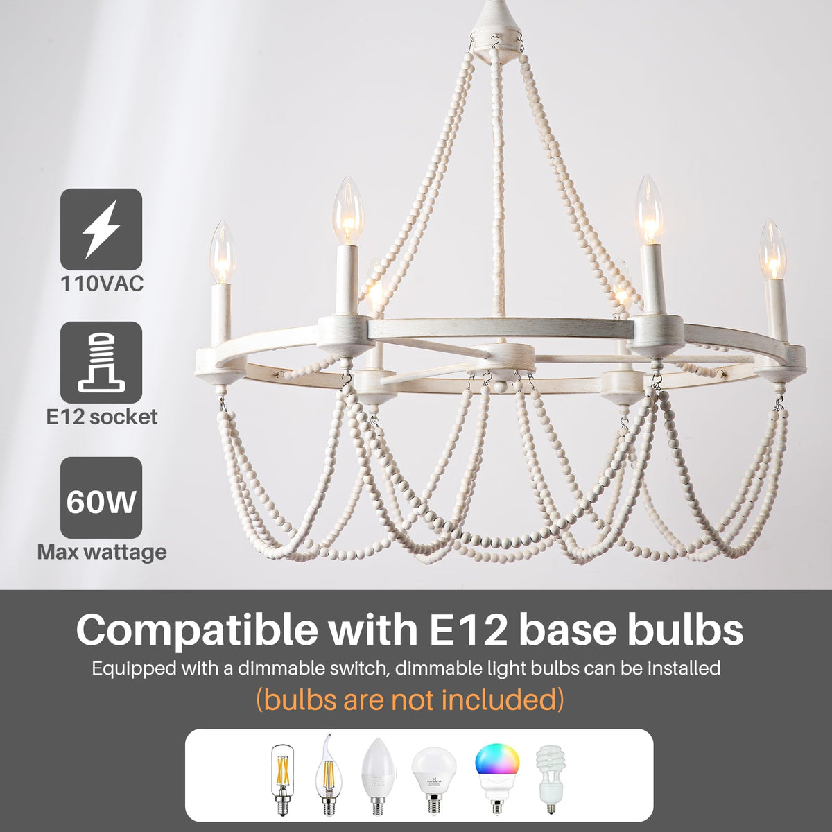 28 Inch White Beaded Chandelier Light Fixture Boho Farmhouse Style